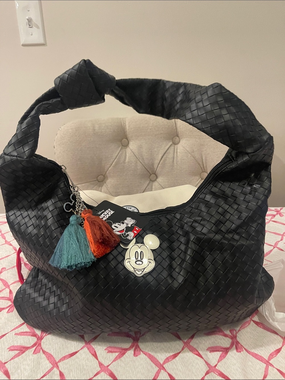 Black Woven Disney Hobo Bag with Mickey Accent and Tassel Charm